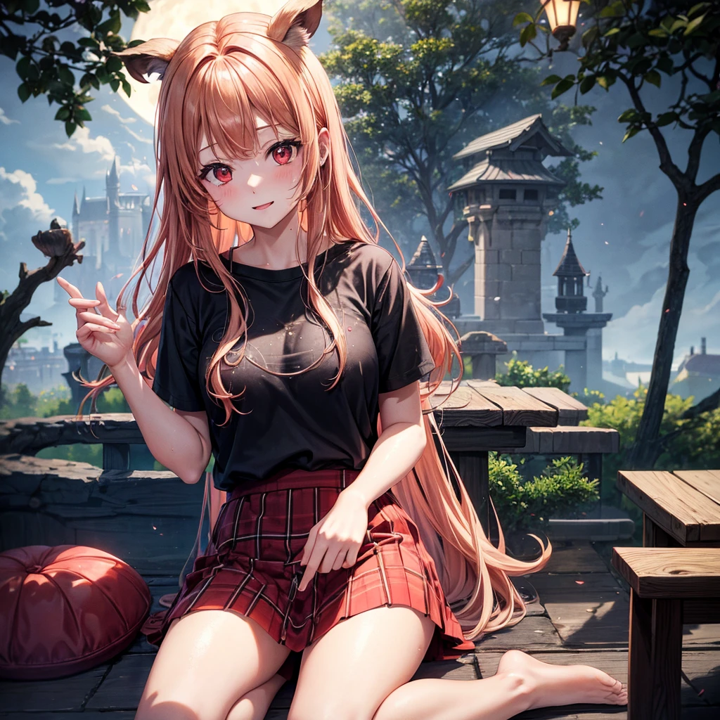Red-blonde、Red eyes、One cute girl、solo、And soul、Light clothing、Checked mini skirt、petal、Wet hair、Sit on、black t-shirts、large tree、cloud、full moon、monster castle、lanthanum、Hell&#39;s Gate、Craft Gatekeeper、barefoot、Stones are piled up、Teeth are visible、Secret Treasure、Wooden chair、Moss grows、Fortress City、water is gushing out