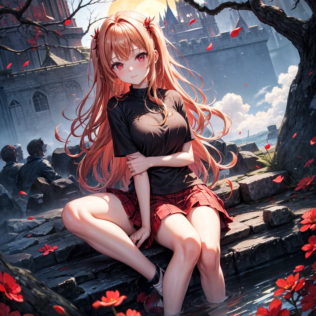 Red-blonde、Red eyes、One cute girl、solo、And soul、Light clothing、Checked mini skirt、petal、Wet hair、Sit on、black t-shirts、large tree、cloud、full moon、monster castle、lanthanum、Hell's Gate、Craft Gatekeeper、barefoot、Stones are piled up、Teeth are visible、Secret Treasure、Wooden chair、Moss grows、Fortress City、water is gushing out