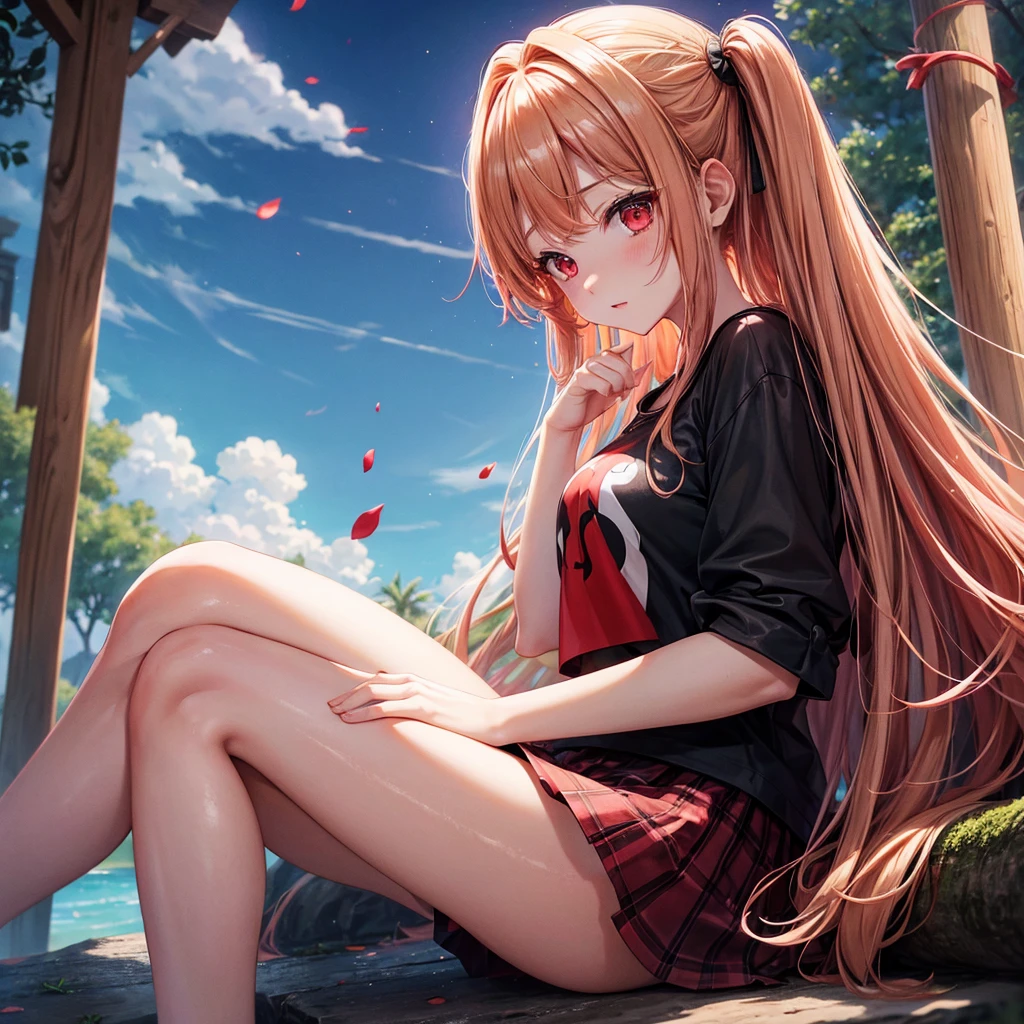 Red-blonde、Red eyes、One cute girl、solo、And soul、Light clothing、Checked mini skirt、petal、Wet hair、Sit on、black t-shirts、large tree、cloud、full moon、monster castle、lanthanum、Hell's Gate、Craft Gatekeeper、barefoot、Stones are piled up、Teeth are visible、Secret Treasure、Wooden chair、Moss grows、Fortress City、water is gushing out
