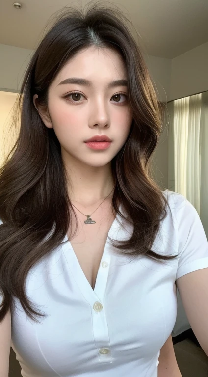 (Highest quality, High resolution, masterpiece: 1.3), Tall and beautiful woman, Slim Abs, Loosely wavy dark brown hair, chest, Wear a pendant, White button-up shirt, belt, Black Res Veigna, (The background is an interior modern bed), Beautifully detailed face and skin texture, Detailed eyes, double eyelid