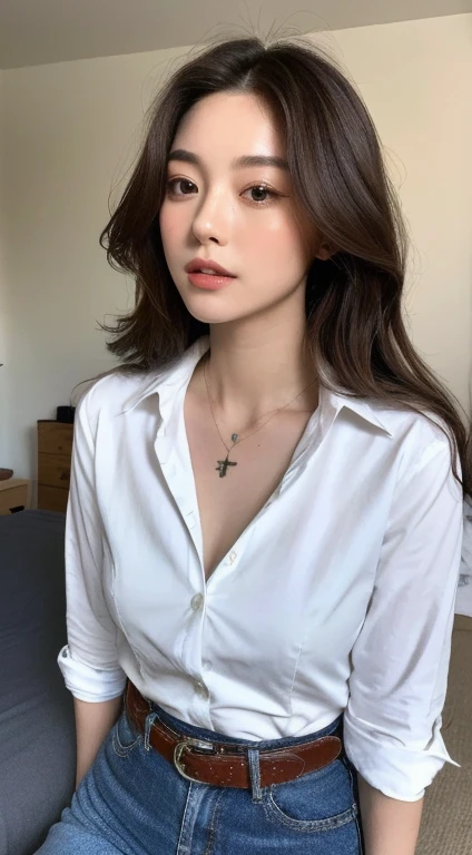 (Highest quality, High resolution, masterpiece: 1.3), Tall and beautiful woman, Slim Abs, Loosely wavy dark brown hair, chest, Wear a pendant, White button-up shirt, belt, Black Res Veigna, (The background is an interior modern bed), Beautifully detailed face and skin texture, Detailed eyes, double eyelid