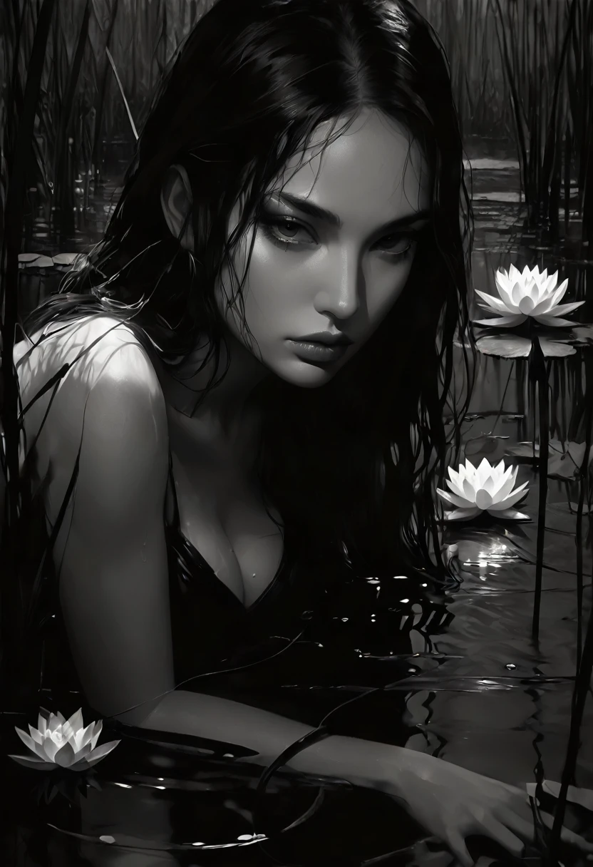 eroticism, sexy, black and white image, between shadows,in the water of a dark swamp with water lilies, oil painting, dramatic lighting, dramatic contrast, chiaroscuro, detailed face, sensual expression, elegant pose, female figure, mysterious, moody, cinematic, dark romantic, Bill Sienkiewicz inspired, dark atmosphere, powerful composition, dramatic shadows, high quality, photorealistic, masterpiece (best quality,4k,8k,highres,masterpiece:1.2),ultra-detailed,(realistic,photorealistic,photo-realistic:1.37),intricate details,,sharp focus,professional,Dave McKean artwork, oil touch of surrealism,oil painting, cleavage