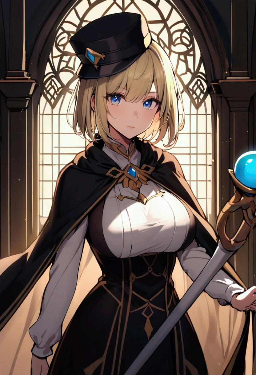 slender, mature female, depth_of_field, rating:safe1girl, blue_eyes, blonde_hair, solo, breasts, large_breasts, short_hair, hat, holding, staff, upper_body, looking_at_viewer, closed_mouth, holding_staff, weapon, dress, indoors, cape,