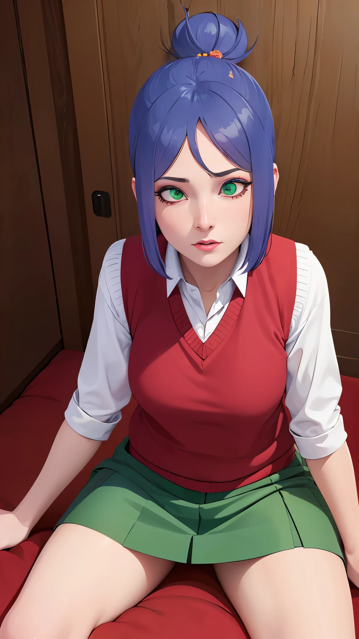 （（danya，konan \(naruto\),konan, blue hair, Orange pupils, short hair, hair ornament, flower, hair flower, ）））
BREAK ((white socks, green skirt, sweater vest, red sweater vest:1.5)) 
BREAK sitting on the throne, eyes slightly closed, head down, (shy: 1.2 ), (makeup), high contrast, (best illumination, an extremely create and beautiful),
BREAK (masterpiece:1.2), best quality, high resolution, unity 8k wallpaper, (illustration:0.8), (beautiful detailed eyes:1.6), extremely detailed face, perfect lighting, extremely detailed CG, (perfect hands, perfect anatomy),