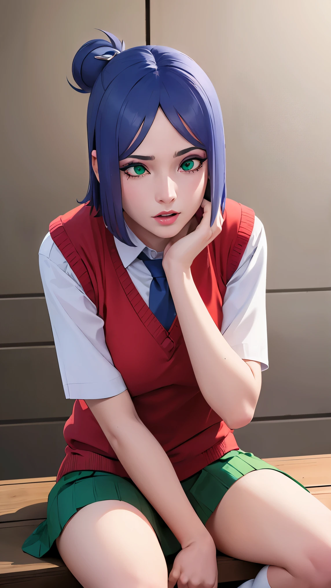 （（danya，konan \(naruto\),konan, blue hair, Orange pupils, short hair, hair ornament, flower, hair flower, ）））
BREAK ((white socks, green skirt, sweater vest, red sweater vest:1.5)) 
BREAK sitting on the throne, eyes slightly closed, head down, (shy: 1.2 ), (makeup), high contrast, (best illumination, an extremely create and beautiful),
BREAK (masterpiece:1.2), best quality, high resolution, unity 8k wallpaper, (illustration:0.8), (beautiful detailed eyes:1.6), extremely detailed face, perfect lighting, extremely detailed CG, (perfect hands, perfect anatomy),