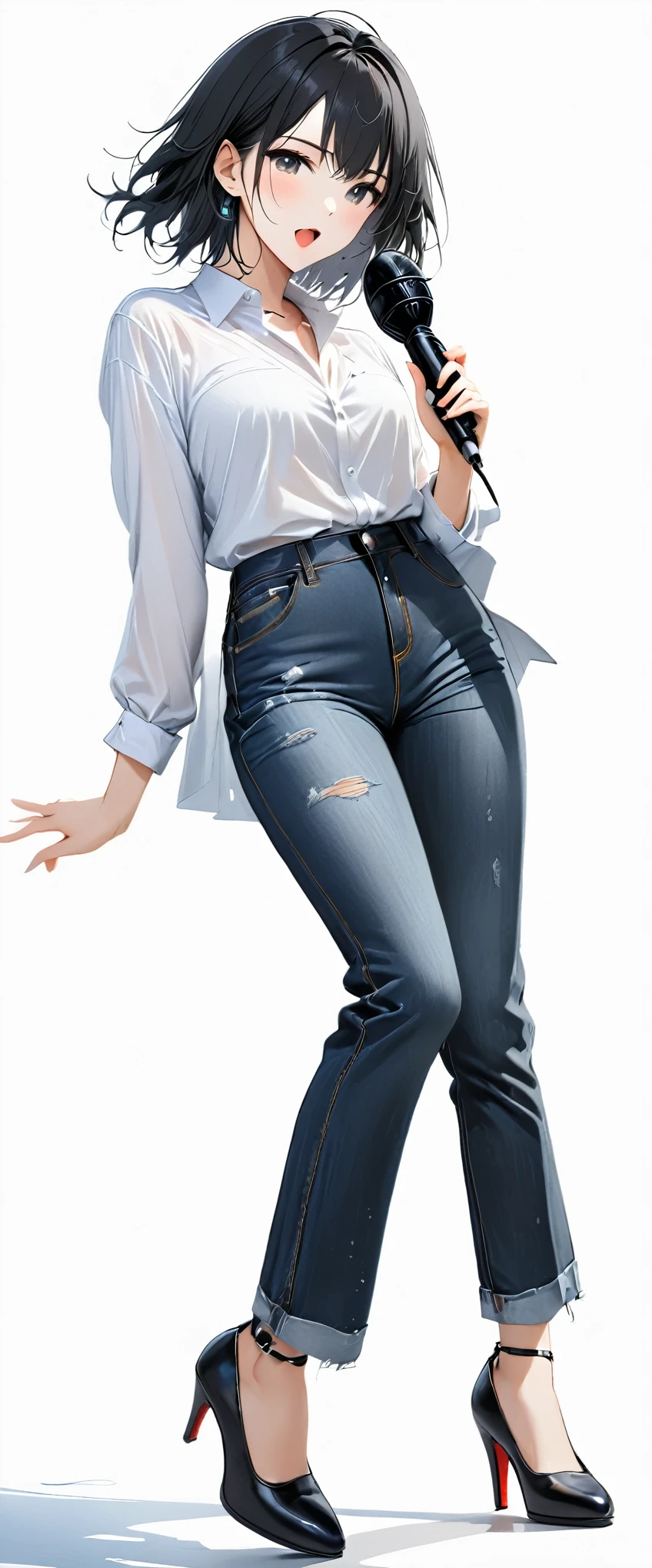 (((White background:1.5)))、(A Scandinavian gothic metal girl singing with her mouth open and holding a wireless microphone),(The entire subject is captured),(((full body:1.2))),(masterpiece、Ultra HD、Highest quality、Masterpiece、8k:1.5)、Slender body、Highly detailed eyes, Highly detailed fingers、Short black hair、Dress shirt on top、The bottom is distressed jeans, Wearing high heels、Singing enthusiastically in a dynamic pose、Are standing、frontal face