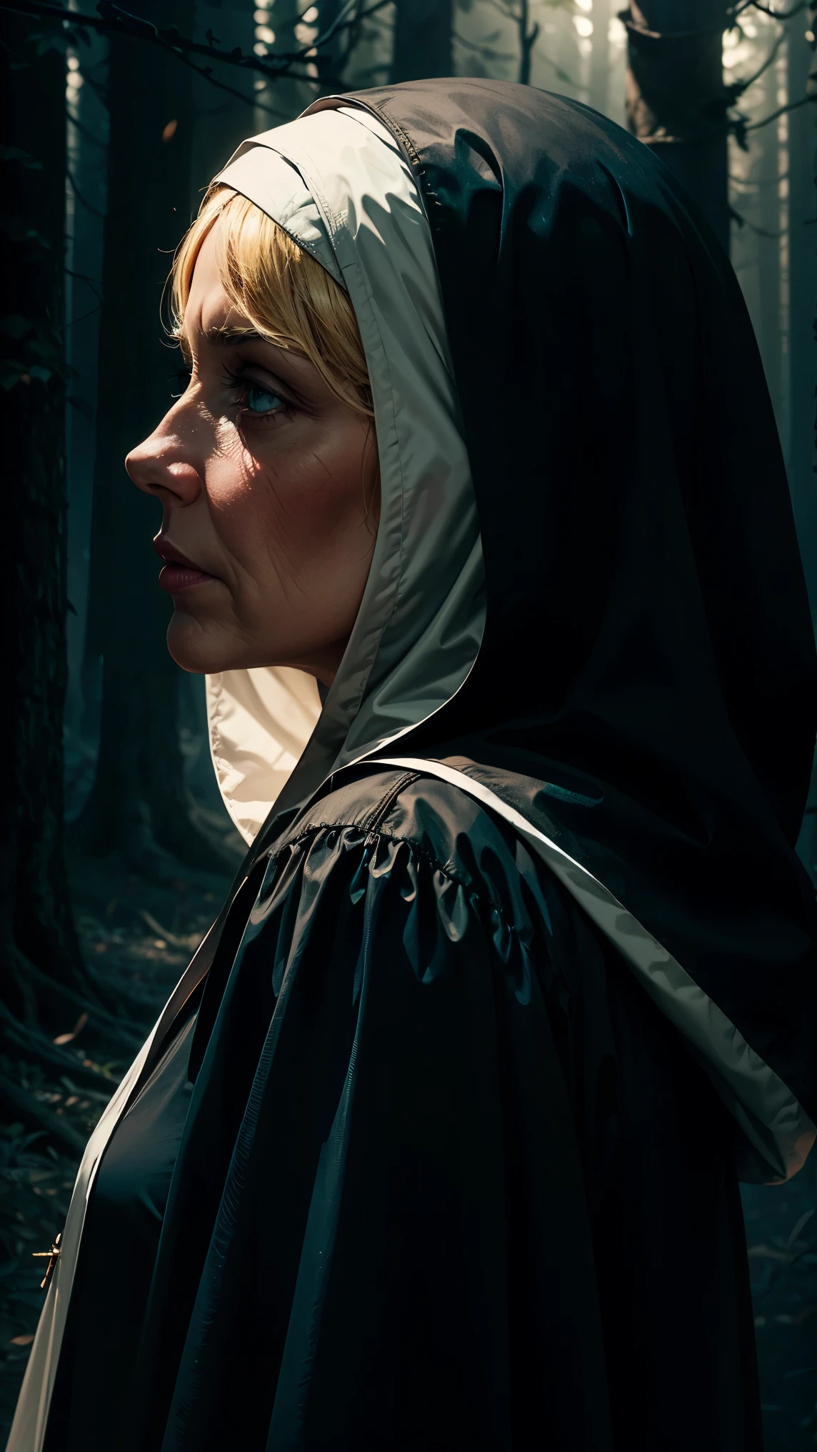 Vivid, high-contrast horror hooded mature 50 years blonde nun in white forest background under a dramatic, gritty lighting , side view