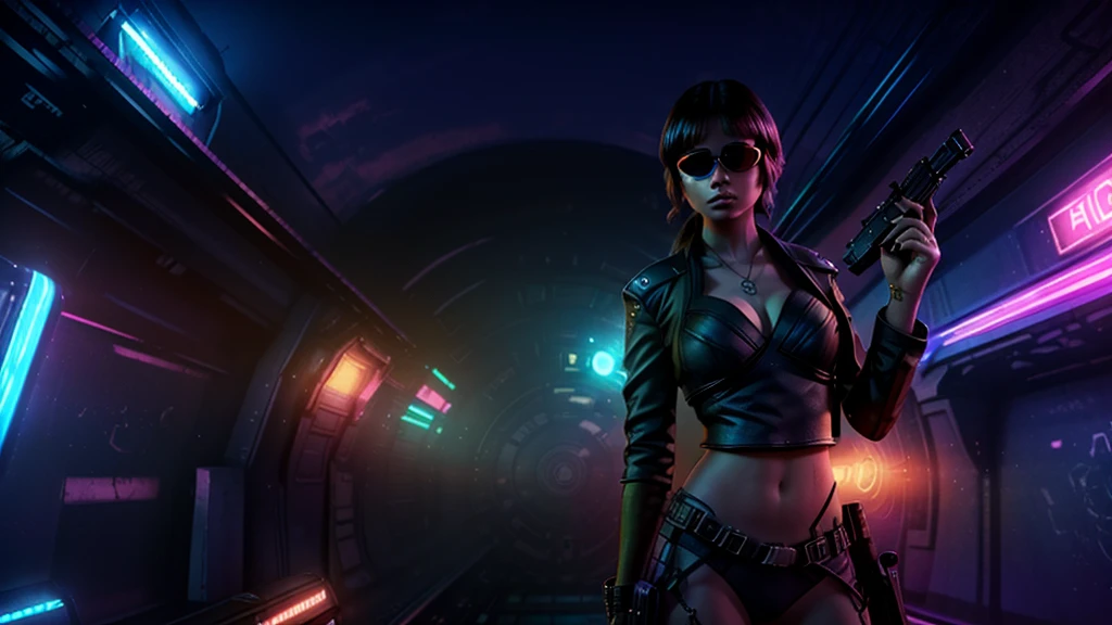 at night. futuristic railway station, neon-themed artwork with vibrant purple and blue colors, intense neon lights illuminating the entire scene, a dense layer of mist creating a dreamy atmosphere, a captivating and mesmerizing background with intricate details, a gaming-inspired theme with RGB lighting effects. (((1girl, solo, alone))), female assassin, large-breast:1.4 slim:0.8 body, medium hair, cleavage:1.1, sexy micro laced lingerie, (black sunglasses), (((((she raised a pistol:1.8 and shot the viewer))))), standing pose, ((half-body thigh:0.95 level medium shot)), cinematic lighting, lens flare, ray tracing.