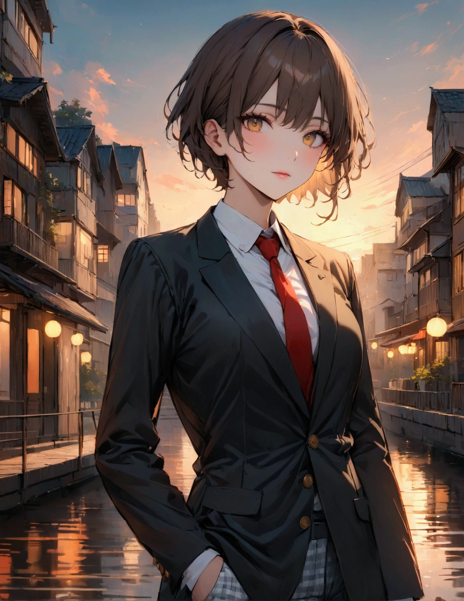 (masterpiece:1.3),(最high quality:1.4),(Very detailedな:1.5),High resolution,Very detailed,8k,artwork,High level of detail,rendering,high quality,Wide range of colors, Beautiful illustrations, (Natural Side Lighting, Cinema Lighting), View your viewers, Cowboy Shot, Front view, Anime Shōnen,Handsome、 Japanese, high school student, Perfect Face, nice, Symmetrical face, Brown Hair,Short Hair、 Golden Eyes, Beautiful attention to detail,nice体, refer to, (((ネイビーblazer, blazer), White shirt, Light blue checked pants, Red tie),
(Beautiful views), evening, River side, walk, nice顔,