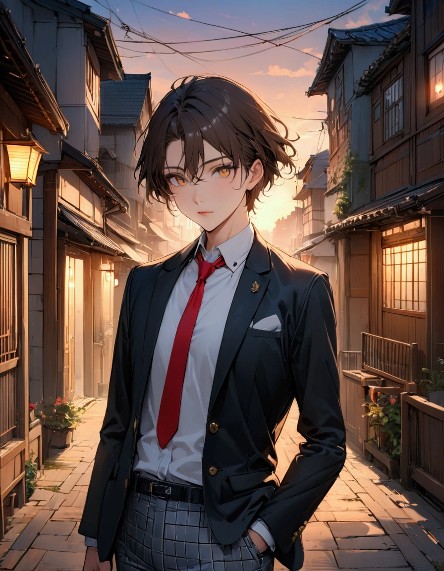 (masterpiece:1.3),(最high quality:1.4),(Very detailedな:1.5),High resolution,Very detailed,8k,artwork,High level of detail,rendering,high quality,Wide range of colors, Beautiful illustrations, (Natural Side Lighting, Cinema Lighting), View your viewers, Cowboy Shot, Front view, Anime Shōnen,Handsome、 Japanese, high school student, Perfect Face, nice, Symmetrical face, Brown Hair,Short Hair、 Golden Eyes, Beautiful attention to detail,nice体, refer to, (((ネイビーblazer, blazer), White shirt, Light blue checked pants, Red tie),
(Beautiful views), evening, River side, walk, nice顔,
