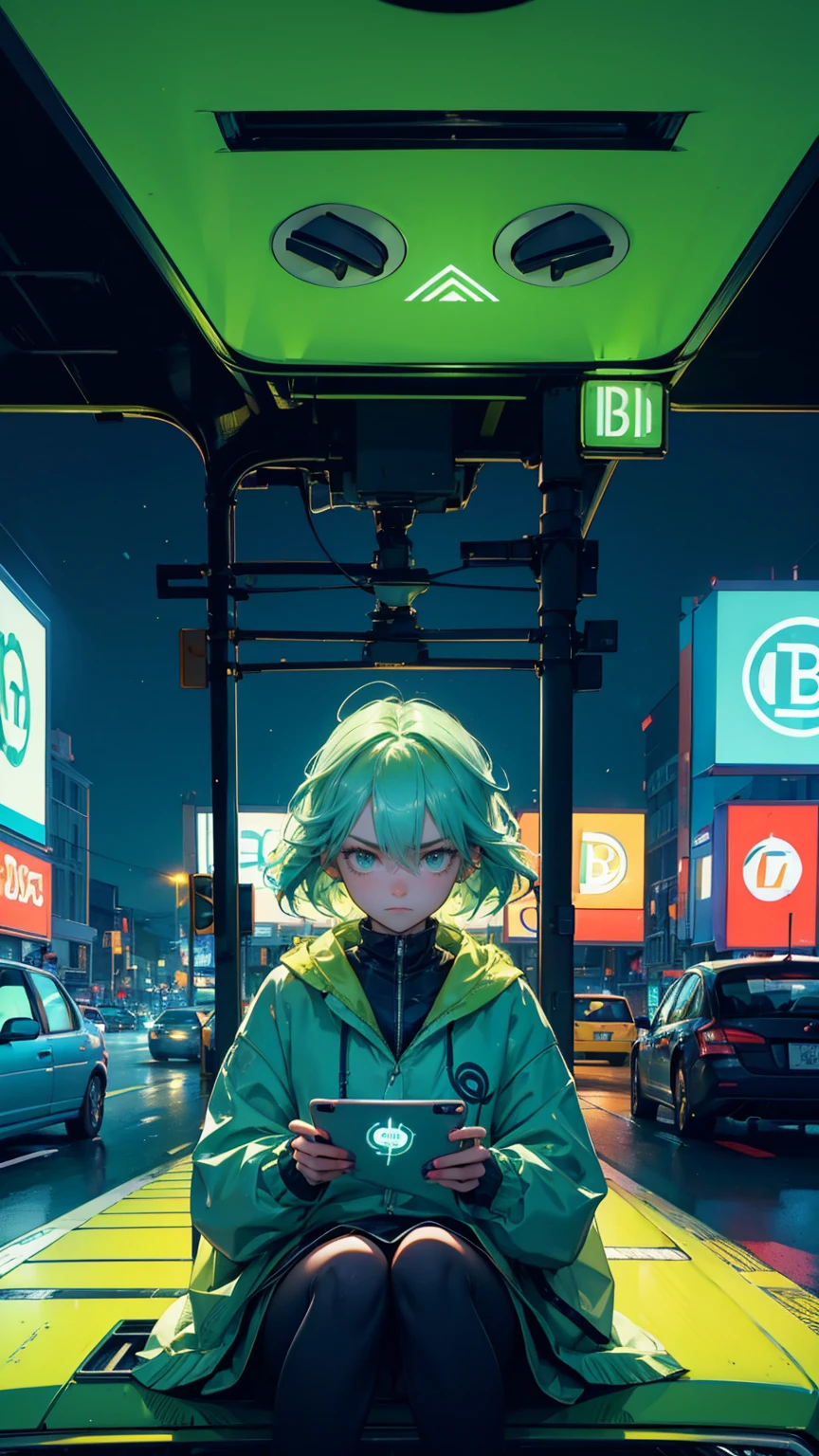 A cute girl light green hairs, with sadness emotions on face looking at of cars stuck in traffic with bitcoin symbols on the road signs, Bitcoin symbols and blue hues for road signs, one car has an extremely frustrated girl sitting inside it looking at his phone, 