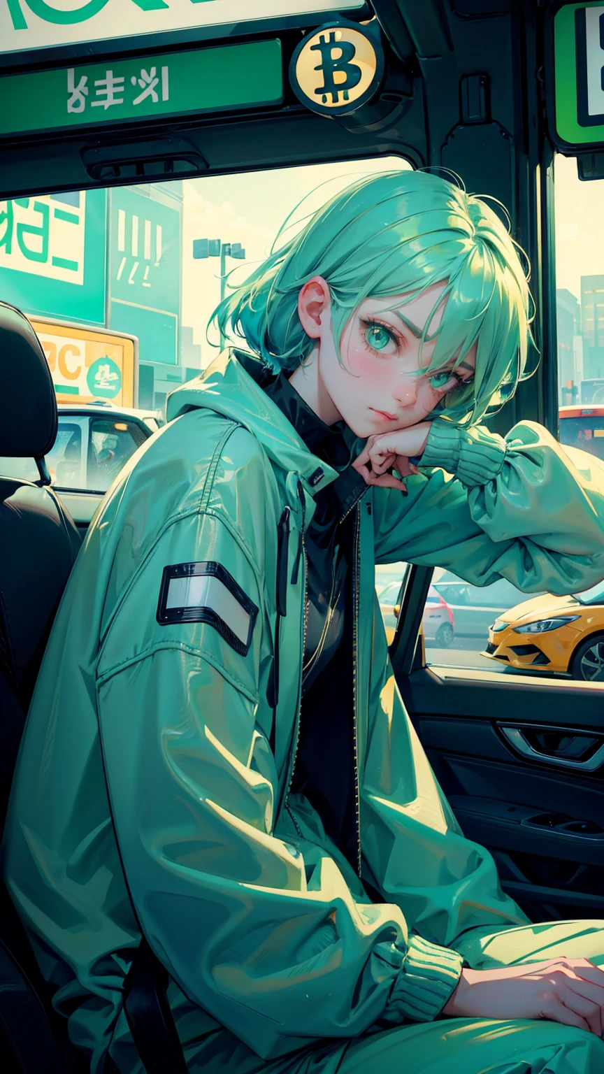 A cute girl light green hairs, with sadness emotions on face looking at of cars stuck in traffic with bitcoin symbols on the road signs, Bitcoin symbols and blue hues for road signs, one car has an extremely frustrated girl sitting inside it looking at his phone, 