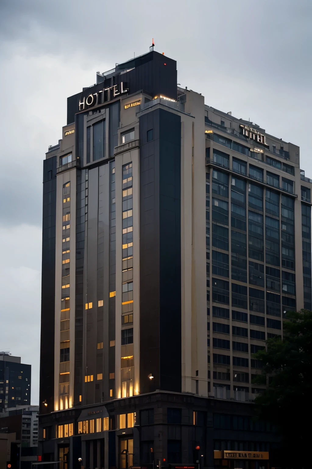 tall hotel in a major city, thirty-five floors, architectural style classicism, overall plan, overcast, dark brown hotel decor, bright sign on the roof with the name of the hotel
