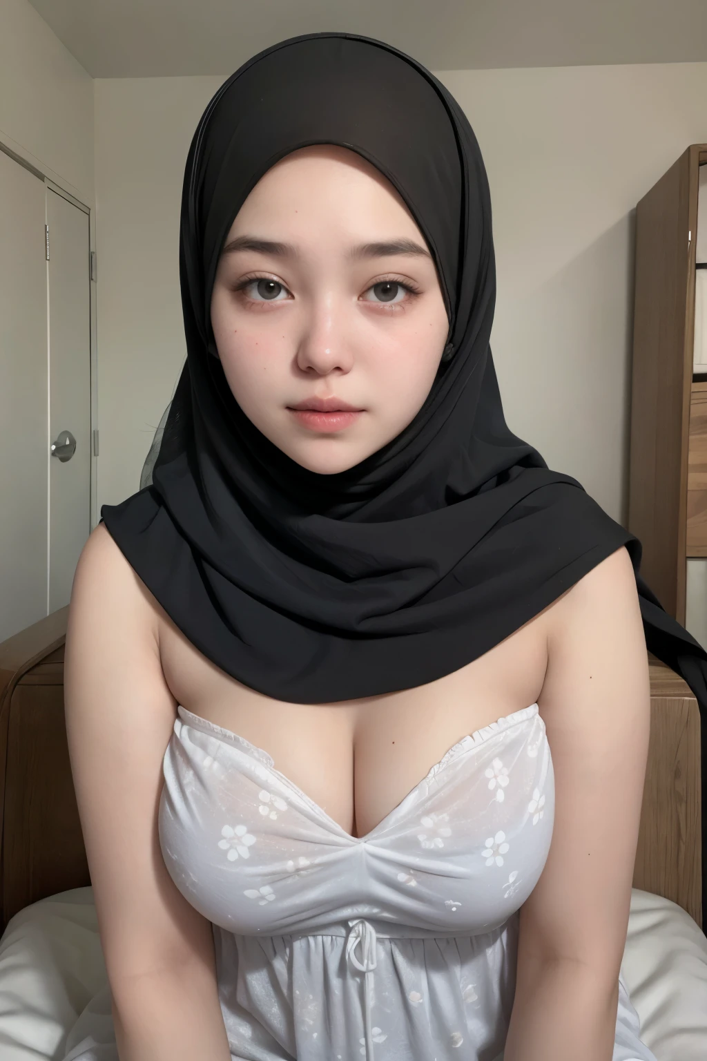 (Strapless dress), Chubby adorable, 1 girl, (face to face), , baby face, happy, half body portrait, (face details: 1), (eye details: 1), ((saggy breasts)). wearing transparent transparency soft soft night dress, ((hijab)), .. Cute posed. proportional body. Ultra High Res. realistic: 1.4, UHD, (floral pattern), view from side seductive pose ((naked white)).