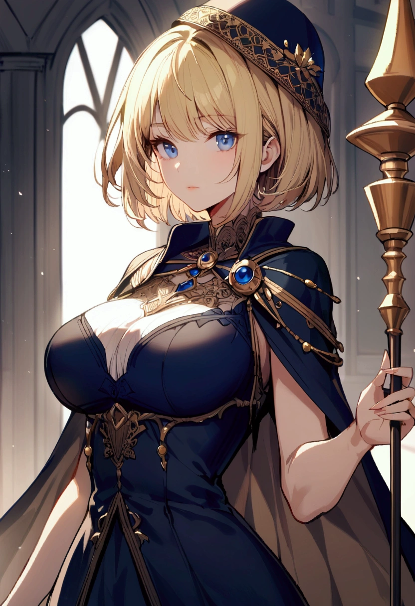slender, mature female, depth_of_field, rating:safe1girl, blue_eyes, blonde_hair, solo, breasts, large_breasts, short_hair, hat, holding, staff, upper_body, looking_at_viewer, closed_mouth, holding_staff, weapon, dress, indoors, cape,