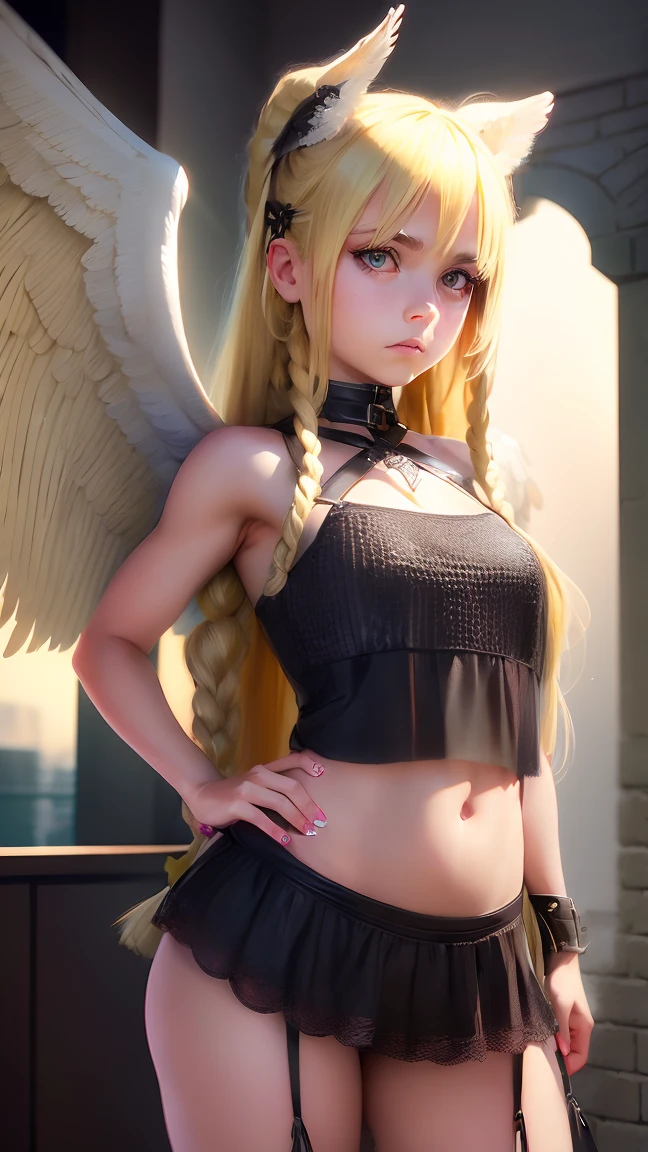  , Ultra realistic 12 year old girl.,    body  , long blonde hair braided fringes , only ,  six plans  ,   , panties  , threatening face , Angel wings  ,  Dungeon  .