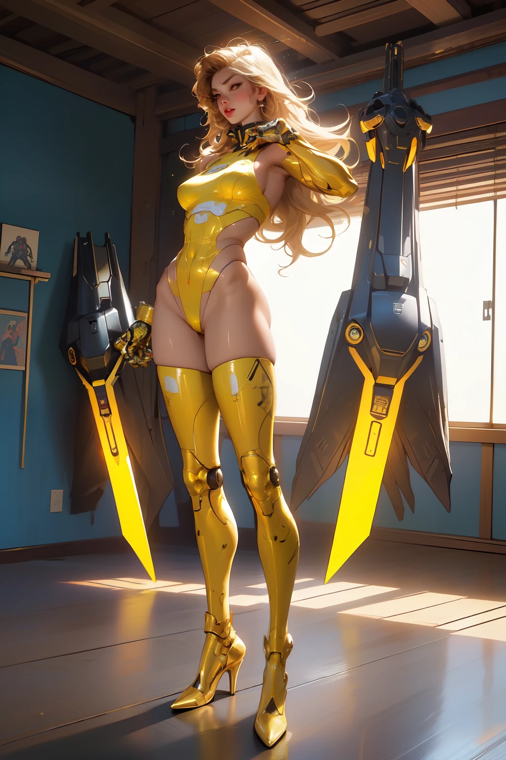((Best quality)), ((masterpiece)), (detailed: 1.4), (Absurd), (((full body)), (((woman))), 35-year-old woman, Beautiful muscular woman, giant robot pilot, wild with perfect body, wearing little clothing, tiny thong, clothing with Japanese graphic patterns, halftone pattern and vertical stripes, yellow gold, coming out of the body of a giant robot