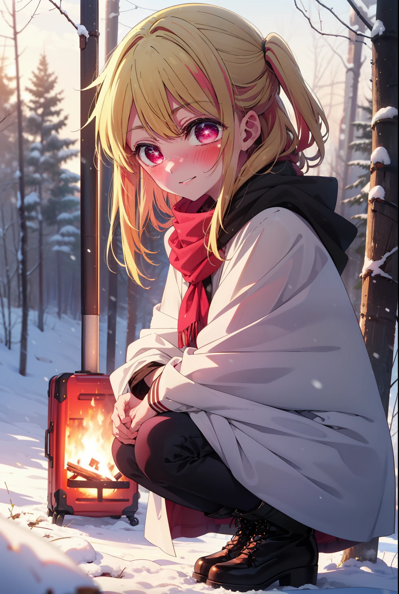 rubyhoshino, Hoshino Ruby, Long Hair, bangs, blonde, (Pink Eyes:1.3), Side Lock, (Symbol-shaped pupil:1.5), Multicolored Hair, Two-tone hair, smile,,smile,blush,white breath,
Open your mouth,snow,Ground bonfire, Outdoor, boots, snowing, From the side, wood, suitcase, Cape, Blurred, , forest, White handbag, nature,  Squat, Mouth closed, Cape, winter, Written boundary depth, Black shoes, red Cape break looking at viewer, Upper Body, whole body, break Outdoor, forest, nature, break (masterpiece:1.2), Highest quality, High resolution, unity 8k wallpaper, (shape:0.8), (Beautiful and beautiful eyes:1.6), Highly detailed face, Perfect lighting, Extremely detailed CG, (Perfect hands, Perfect Anatomy),