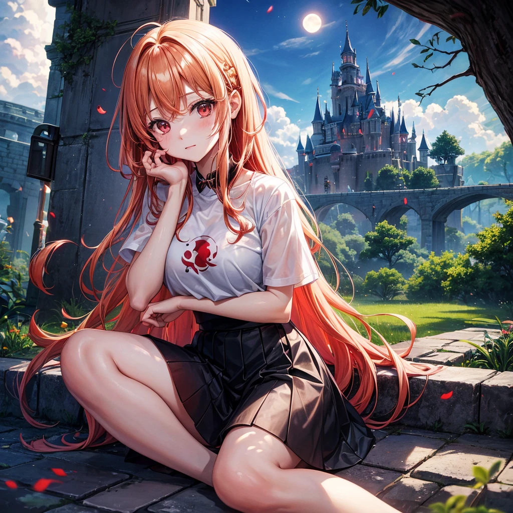 Red-blonde、Red eyes、One cute girl、solo、And soul、Light clothing、Checked mini skirt、petal、Wet hair、Sit on、black t-shirts、large tree、cloud、full moon、monster castle、lanthanum、Hell's Gate、Craft Gatekeeper、barefoot、Stones are piled up、Teeth are visible、Secret Treasure、Wooden chair、Moss grows、Fortress City、water is gushing out、Glasses on head