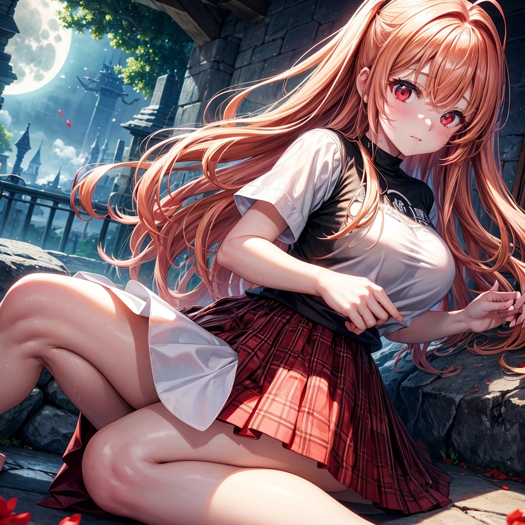 Red-blonde、Red eyes、One cute girl、solo、And soul、Light clothing、Checked mini skirt、petal、Wet hair、Sit on、black t-shirts、large tree、cloud、full moon、monster castle、lanthanum、Hell's Gate、Craft Gatekeeper、barefoot、Stones are piled up、Teeth are visible、Secret Treasure、Wooden chair、Moss grows、Fortress City、water is gushing out、Glasses on head