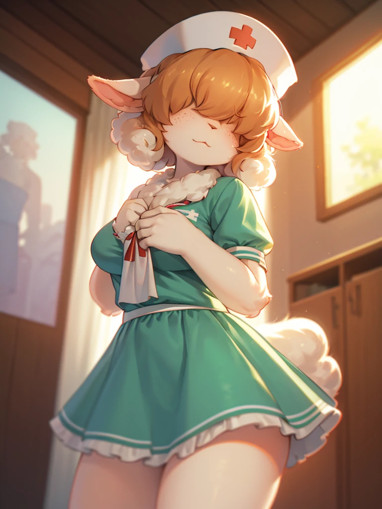(Sumilux f1.4 50mm , low Latitude old color negative film , cross process , bokeh, flare, chromatic aberration , soft focus, (Shallow focus) , soft glow , Maximum aperture, High Key , Transparent depiction) , focus face , sheep mom nurse , (Woolly hair over eyes) , (Freckles:0.85) , in the hospital , Hide body lines Nursing uniform , portrait photo , (curtsey) , upskirt , 2 melons