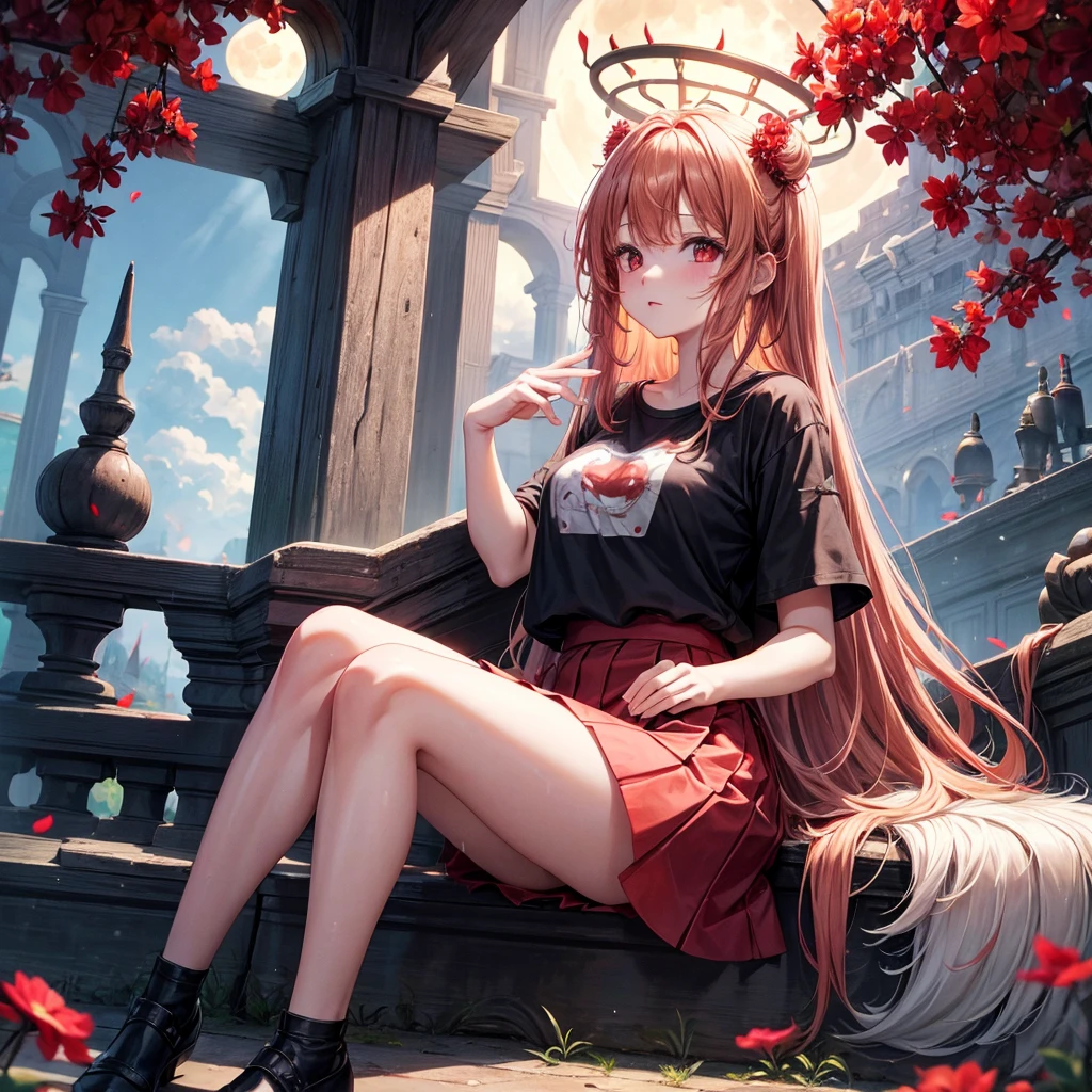 Red-blonde、Red eyes、One cute girl、solo、And soul、Light clothing、Checked mini skirt、petal、Wet hair、Sit on、black t-shirts、large tree、cloud、full moon、monster castle、lanthanum、Hell&#39;s Gate、Craft Gatekeeper、barefoot、Stones are piled up、Teeth are visible、Secret Treasure、Wooden chair、Moss grows、Fortress City、water is gushing out、Glasses on head