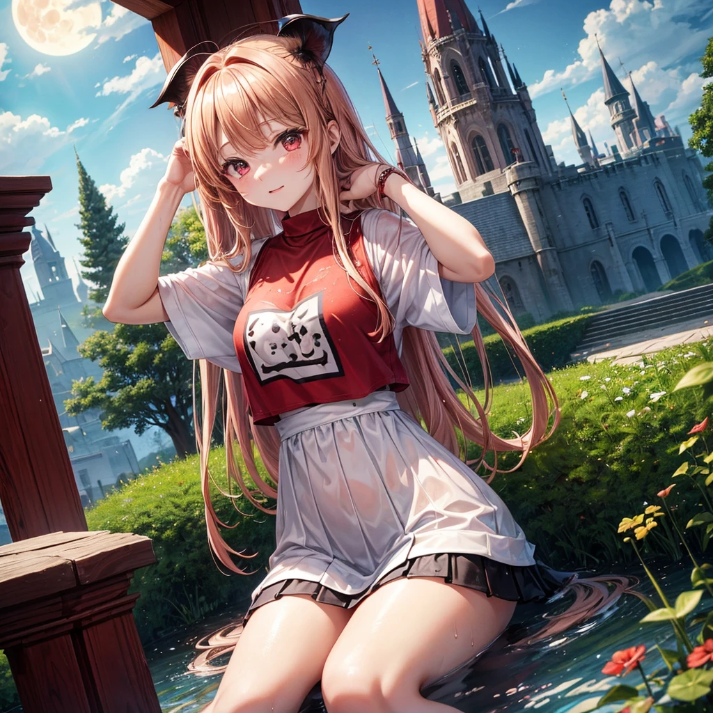 Red-blonde、Red eyes、One cute girl、solo、And soul、Light clothing、Checked mini skirt、petal、Wet hair、Sit on、black t-shirts、large tree、cloud、full moon、monster castle、lanthanum、Hell&#39;s Gate、Craft Gatekeeper、barefoot、Stones are piled up、Teeth are visible、Secret Treasure、Wooden chair、Moss grows、Fortress City、water is gushing out、Glasses on head