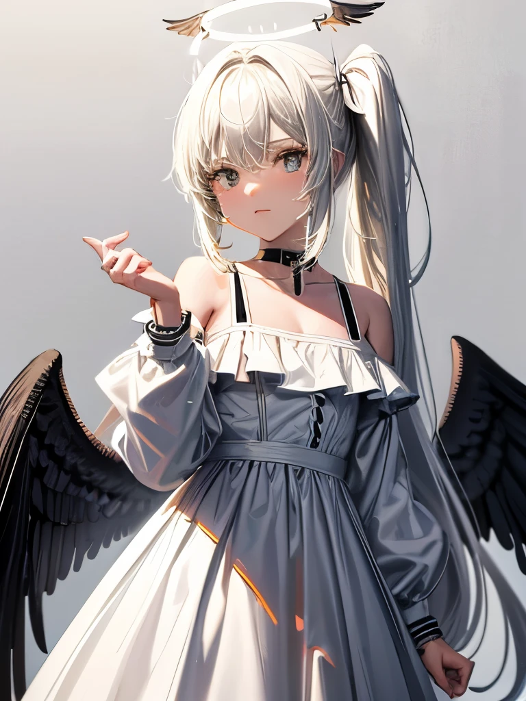 8k wallpaper, Cowboy Shot, (Black wings:1.2), Very long hair, Side Ponytail, choker, Holding, Off the shoulder, (White Dress:1.3), White jacket, Angel Halo,