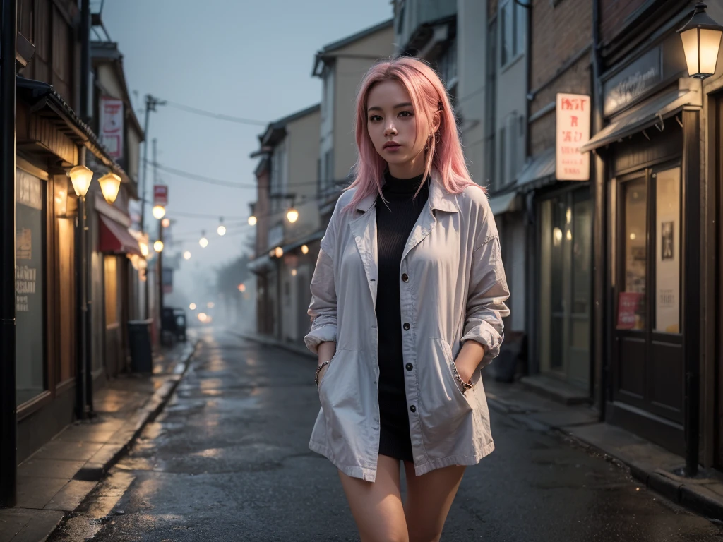 ((1 woman)), fog,thick fog,street, misty atmosphere,dense atmosphere,best quality,highres,ultra-detailed,realistic,portrait,photography,soft colors,dreamy lighting,hazy background,street lamp,warm tones,foggy street scene,urban setting,close-up,vivid colors,bokeh,layered clothing,cozy atmosphere,emotive expression,pensive gaze,tranquil ambiance,natural beauty,innocence,familial connection,street corner,urban lifestyle,serene environment,dusk,city lights. Pink hair. Cheveux longs ondulés roses. Cheveux couleurs rose chewingum