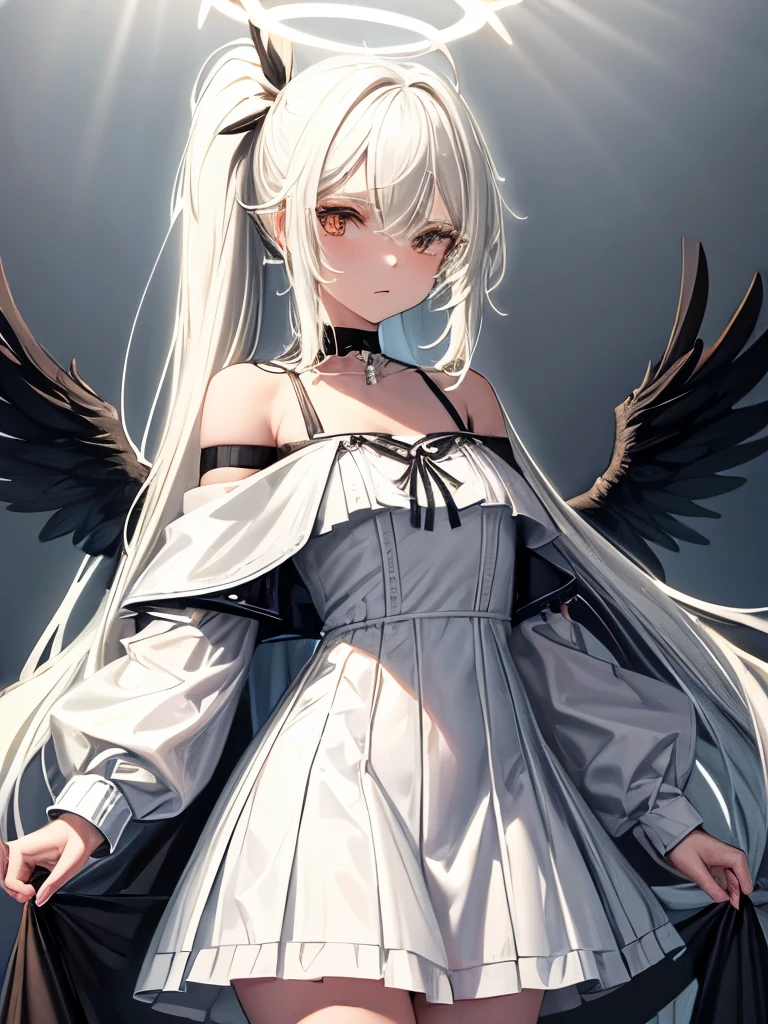 8k wallpaper, Cowboy Shot, (Black wings:1.2), Very long hair, Side Ponytail, choker, Holding, Off the shoulder, (White Dress:1.3), White jacket, Angel Halo,Halation,