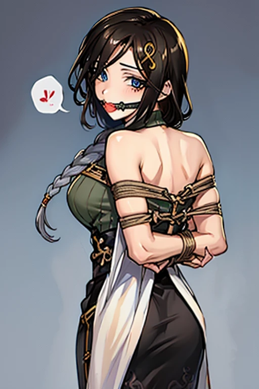 1 girl, detailed blue eyes, longeyelashes, detailed beautiful face, 4k quality, (arms behind back:1.5), bound arms, Red rope, blushing, , gag, gagged, shibari, bondage, close ups,masterpiece, best quality, highres, st1, green sweater, braid, hair ornament, black skirt, large breasts, long skirt, shawl , cowboy shot, standing,