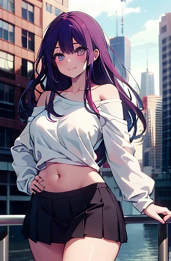 Realistic image, Consistent image, Detailed Images, 1 beautiful girl. She has purple hair, Long Hair. Her eyes are berry pink, She has a hexagram in her eye, Long eyelashes. Her face is oval and delicate., smile. She is wearing a long-sleeved off-the-shoulder T-shirt, Showing your belly button, Pleated mini skirt, sneakers, She has a curvaceous figure, Large Breasts, Thick thighs, Urban Background, Surrounded by buildings, Natural light, Volumetric lighting,