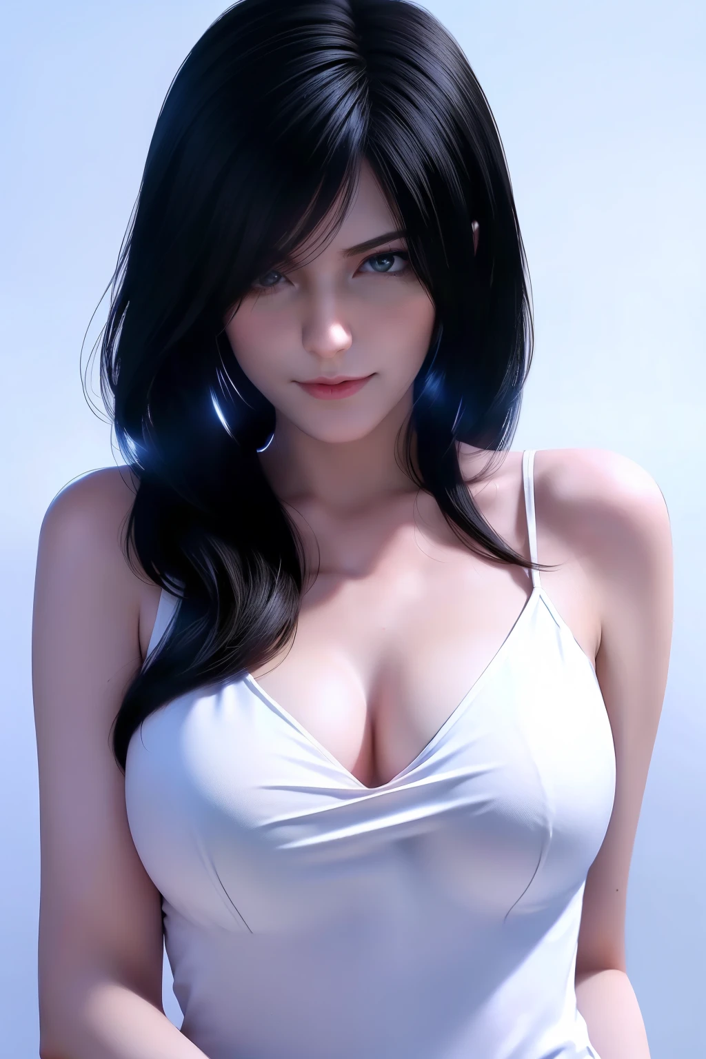 liangbing,masterpiece, best quality, Extremely detailed, Best shadow, Beautiful and delicate face, Beautiful and delicate eyes, High contrast,, 1 girl,whole body, Large Breasts, Bangs, Hair covers one eye, Bare shoulders,, White background:1.3, (Face Focus:1.3, Eye close-up:1.3),