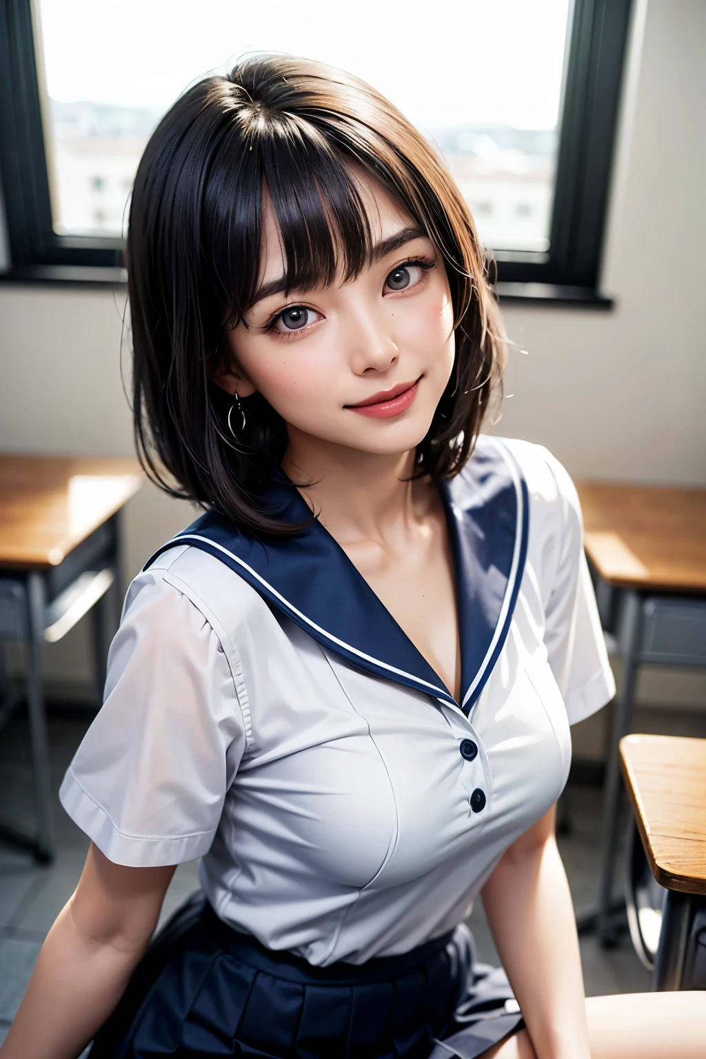 (Masseter muscle area、Highest quality、Best image quality、High definition、Highest quality、Highest Resolution、Draw everything in high resolution、Very beautiful woman)、{Sailor suit|high school girl|blazer|Pleated skirt|mini skirt|Huge boobs}  school uniform)、Vivid crystal light blue eyes、Very light-colored eyes、Smaller diamond-shaped earrings、Please look closely at the camera、Listen carefully、Beautiful Hair、Beautiful very short hair with bangs using bangs:1.6、Show off your beautiful décolletage、Beautiful 28 years old、Lip gloss、Long neck、Smile、Cute Smile、Beautiful teeth alignment、Beauty、Beautiful woman、A pure white business shirt with an open chest、Illuminate the light from the window、Slightly larger eyes、Very mature and beautiful woman、Small Face、Tall Supermodels、Broad shouldered supermodel、Very beautiful large breasts、Beautiful cleavage、The background is a school classroom.