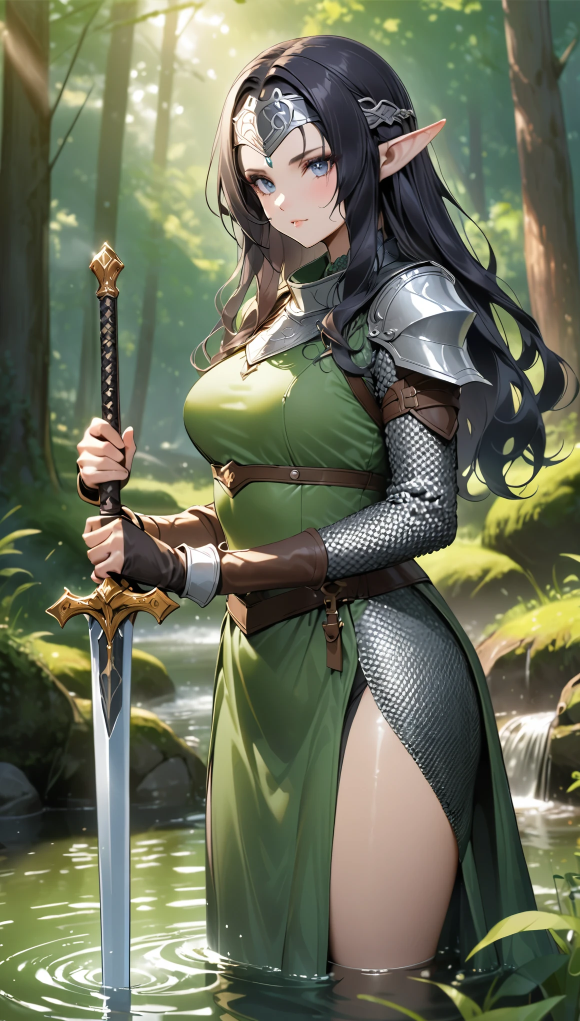 ((best quality)), ((masterpiece)), (detailed), 1 lady, mature, elf, black hair, wave hair, shiny hair, forehead protector, pointy ears, Grip the sword, hold the sword, knight, greem clothes, Chainmail, at pond in forest