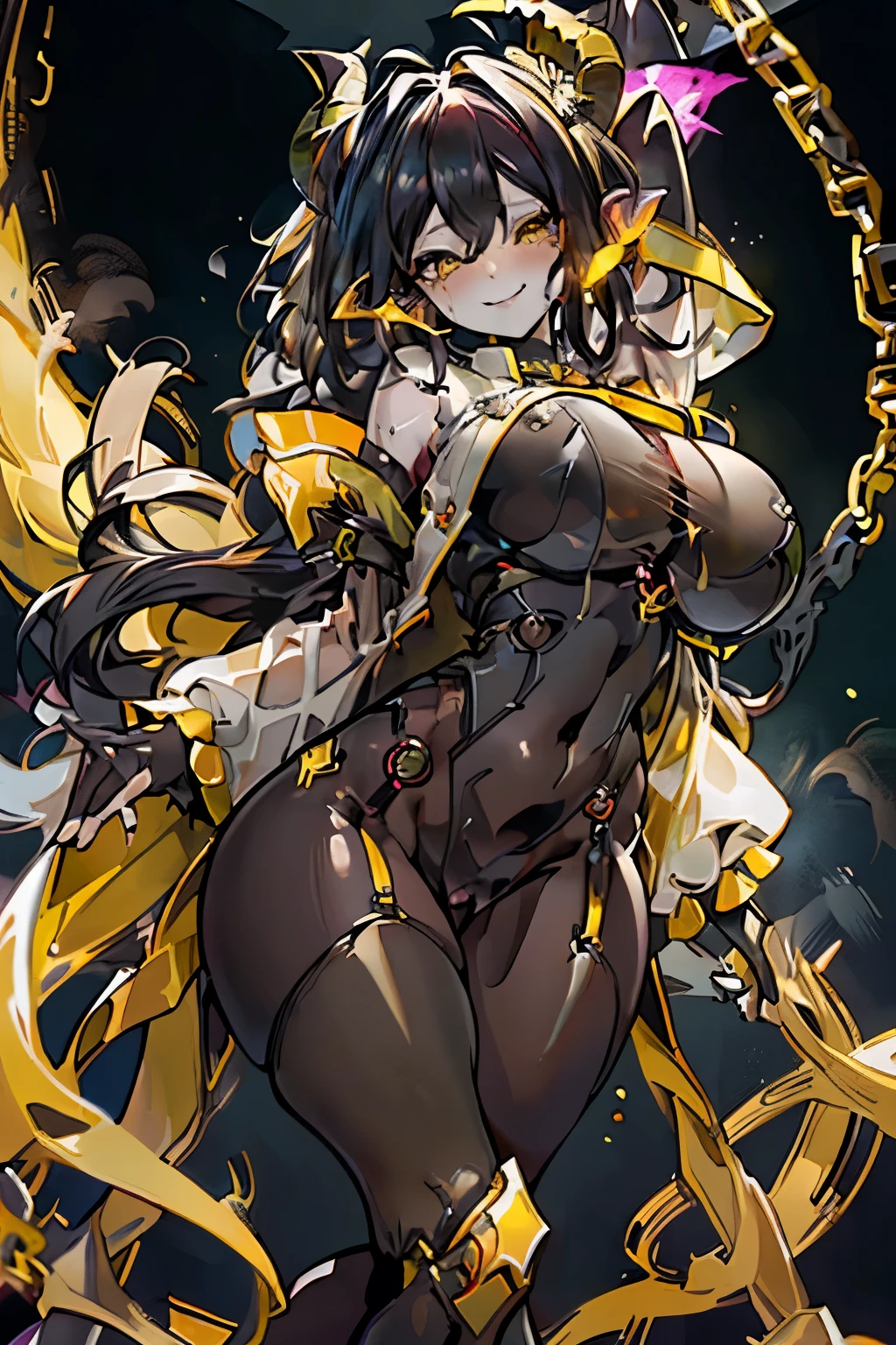((1 succubus,Transparency,Sexual desire,smile,,Black shaggy hair,))),
((Huge breasts,Big thighs,Huge ram horns,See through)),
Black bodysuit,Lots of yellow belts,
Yellow frills,Yellow big sleeves,Yellow hair ornament,Yellow Thigh Boots,
Sweating profusely,Large amount of steam,