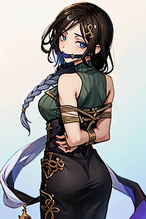 1 girl, detailed blue eyes, longeyelashes, detailed beautiful face, 4k quality, (arms behind back:1.5), bound arms, Red rope, blushing, , gag, gagged, shibari, bondage, close ups,masterpiece, best quality, highres, st1, green sweater, braid, hair ornament, black skirt, large breasts, long skirt, shawl , cowboy shot, standing,