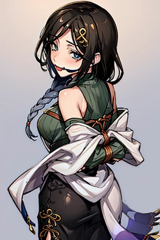 1 girl, detailed blue eyes, longeyelashes, detailed beautiful face, 4k quality, (arms behind back:1.5), bound arms, Red rope, blushing, ,  gag, gagged, shibari, bondage, close ups,masterpiece, best quality, highres, st1, green sweater, braid, hair ornament, black skirt, large breasts, long skirt, shawl , cowboy shot, standing,