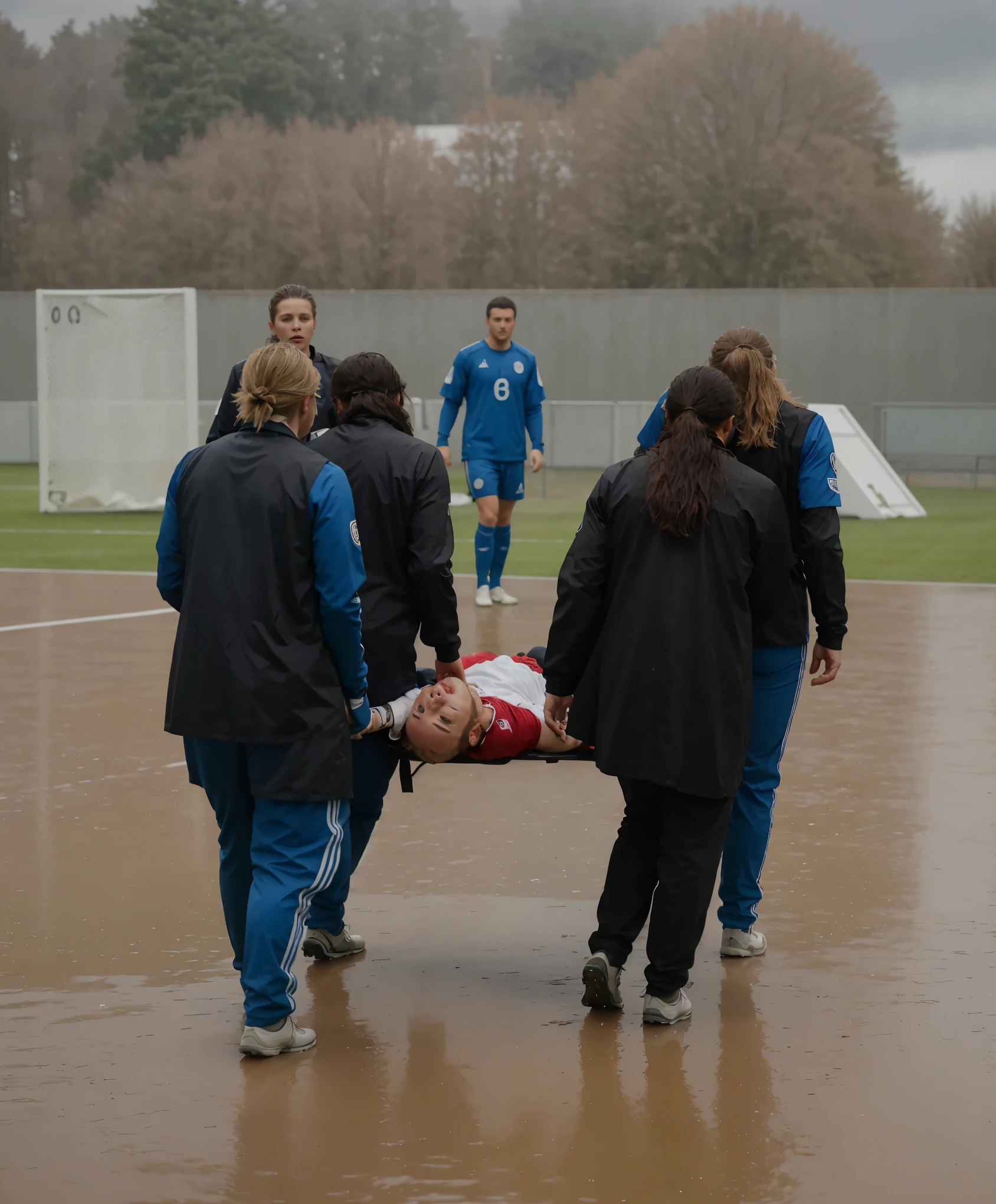 a soccer scene in a sports stadium, cool and wet weather conditions, humide ground, rainy sky, injury scene in a sports stadium, stretcher carry, there are four female medics carrying a stretcher, there are four female medics in very shiny coats who are carrying a stretcher in a sports stadium, there is a wounded male soccer player in a matte short cotton sports outfit lying on the stretcher, an injured male soccer player in matte cotton sportswear is lying in pain on a stretcher, a soccer player in matte cotton sports clothes is rearing up in intense pain while lying on a stretcher, dramatic scene, theatralic posing scene, dramatic pity scene, injury soccer, first aid, help, pity, there are four female medics in wetlook high-shine coats who are looking very sad and very terrified and very shocked, the injured soccer player is screaming out in pain while he is carried from the pitch on a stretcher