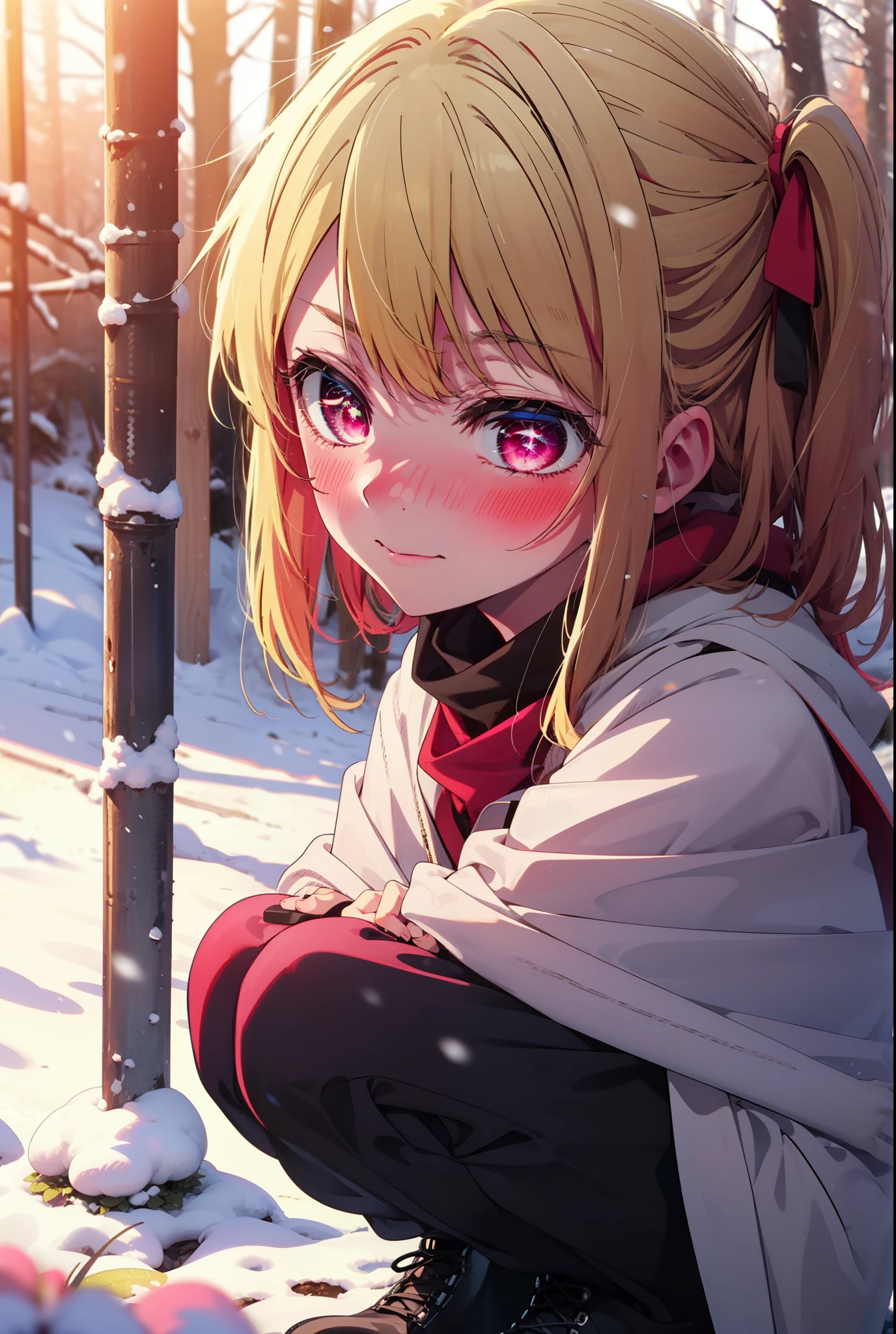 rubyhoshino, Hoshino Ruby, Long Hair, bangs, blonde, (Pink Eyes:1.3), Side Lock, (Symbol-shaped pupil:1.5), Multicolored Hair, Two-tone hair, smile,,smile,blush,white breath,
Open your mouth,snow,Ground bonfire, Outdoor, boots, snowing, From the side, wood, suitcase, Cape, Blurred, , forest, White handbag, nature,  Squat, Mouth closed, Cape, winter, Written boundary depth, Black shoes, red Cape break looking at viewer, Upper Body, whole body, break Outdoor, forest, nature, break (masterpiece:1.2), Highest quality, High resolution, unity 8k wallpaper, (shape:0.8), (Beautiful and beautiful eyes:1.6), Highly detailed face, Perfect lighting, Extremely detailed CG, (Perfect hands, Perfect Anatomy),