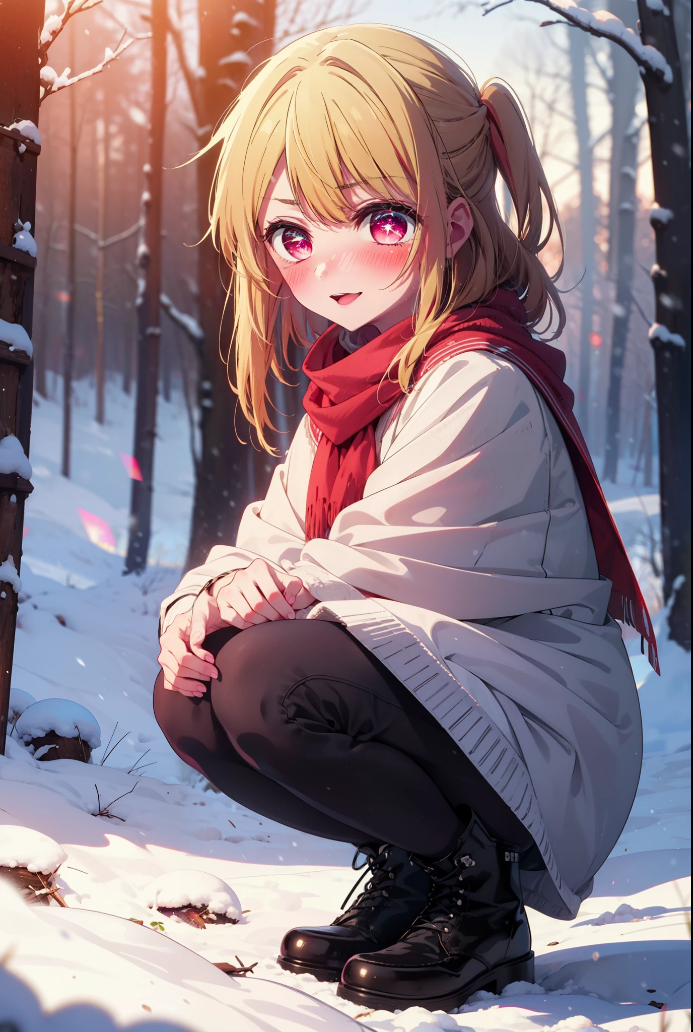 rubyhoshino, Hoshino Ruby, Long Hair, bangs, blonde, (Pink Eyes:1.3), Side Lock, (Symbol-shaped pupil:1.5), Multicolored Hair, Two-tone hair, smile,,smile,blush,white breath,
Open your mouth,snow,Ground bonfire, Outdoor, boots, snowing, From the side, wood, suitcase, Cape, Blurred, , forest, White handbag, nature,  Squat, Mouth closed, Cape, winter, Written boundary depth, Black shoes, red Cape break looking at viewer, Upper Body, whole body, break Outdoor, forest, nature, break (masterpiece:1.2), Highest quality, High resolution, unity 8k wallpaper, (shape:0.8), (Beautiful and beautiful eyes:1.6), Highly detailed face, Perfect lighting, Extremely detailed CG, (Perfect hands, Perfect Anatomy),