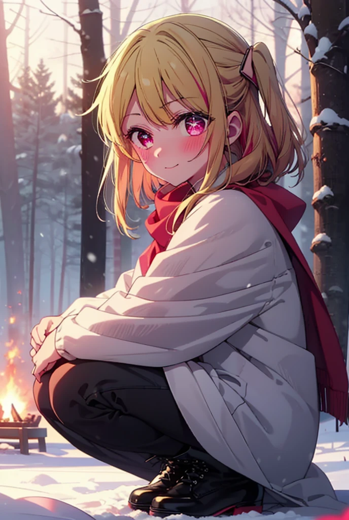 rubyhoshino, Hoshino Ruby, Long Hair, bangs, blonde, (Pink Eyes:1.3), Side Lock, (Symbol-shaped pupil:1.5), Multicolored Hair, Two-tone hair, smile,,smile,blush,white breath,
Open your mouth,snow,Ground bonfire, Outdoor, boots, snowing, From the side, wood, suitcase, Cape, Blurred, , forest, White handbag, nature, Squat, Mouth closed, Cape, winter, Written boundary depth, Black shoes, red Cape break looking at viewer, Upper Body, whole body, break Outdoor, forest, nature, break (masterpiece:1.2), Highest quality, High resolution, unity 8k wallpaper, (shape:0.8), (Beautiful and beautiful eyes:1.6), Highly detailed face, Perfect lighting, Extremely detailed CG, (Perfect hands, Perfect Anatomy),