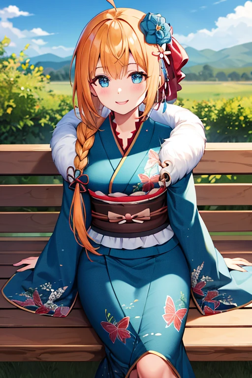 masterpiece, best quality, highres, bbpeco, ahoge, single braid, hair over shoulder, hair ornament, hair flower, blue flower, fur trim, japanese clothes, blue kimono, print kimono, wide sleeves, obi, sitting, outdoors, bench, smile