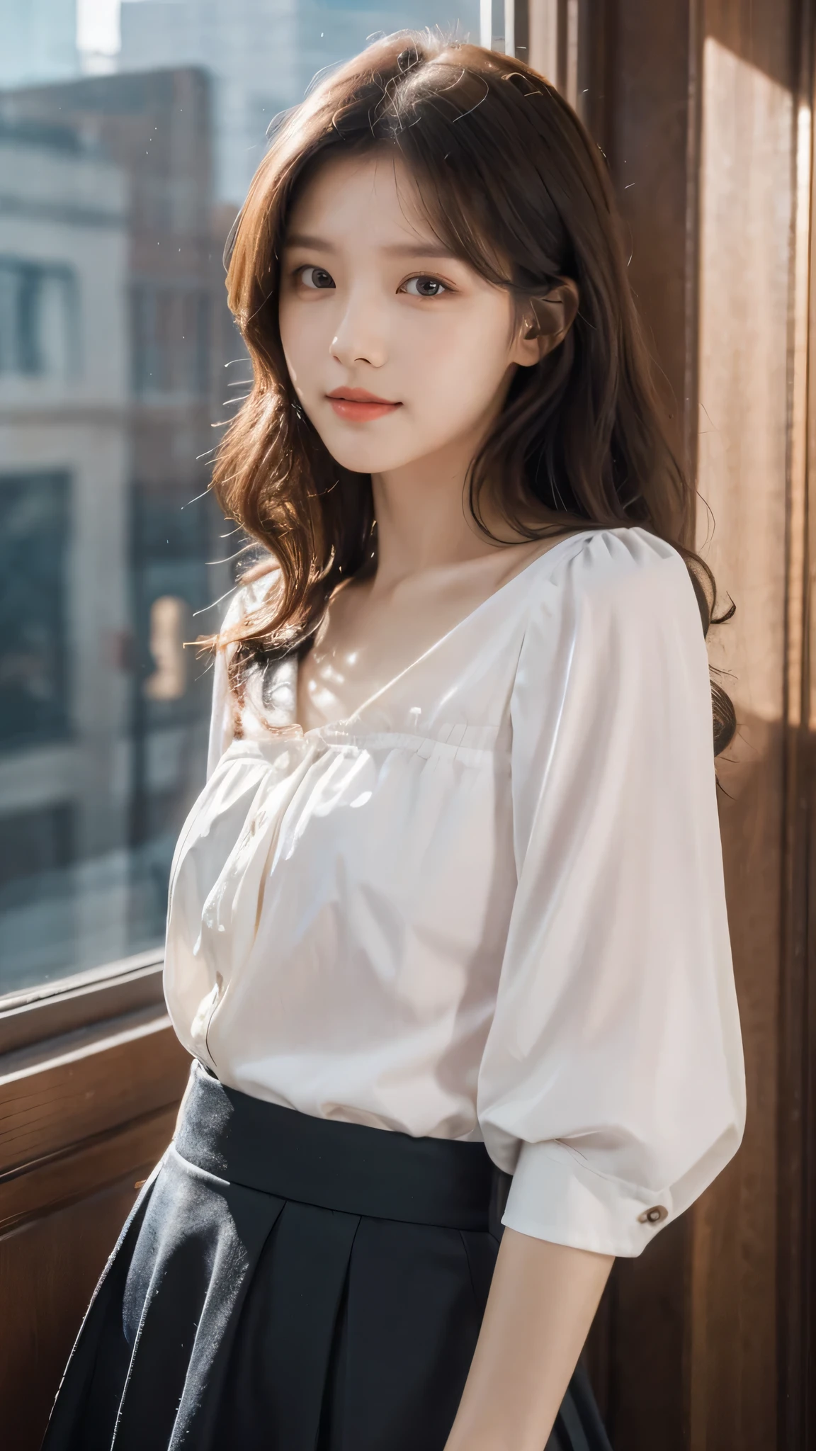 detailed background, masterpiece, best quality, 1 person , curly hair, long hair, purple eyes, star in eye , parrot color Strapless blouse, long skirt