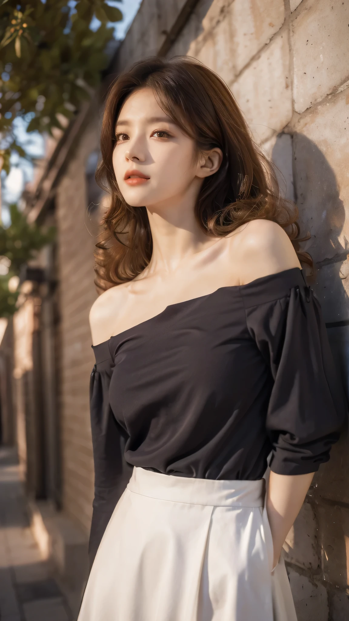 detailed background, masterpiece, best quality, 1 person , curly hair, long hair, purple eyes, star in eye , parrot color Strapless blouse, long skirt
