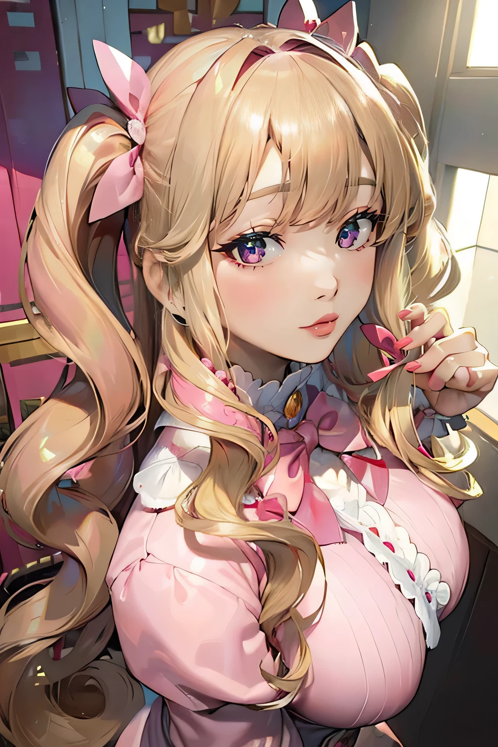  (masterpiece:1.2), super detailed, massive , big ass, juicy lips, big lips, massive lashes, long blonde hair, twin tails, hair down, pink bow, pink clothes, from above, selfie, upward glance, glance up