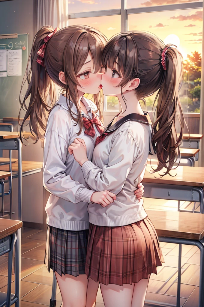 masterpiece, best quality, nsfw,
2girl, kiss,
summer , plaid skirt, brown hair, ponytail, embarrassed face,
classroom, sunset,
