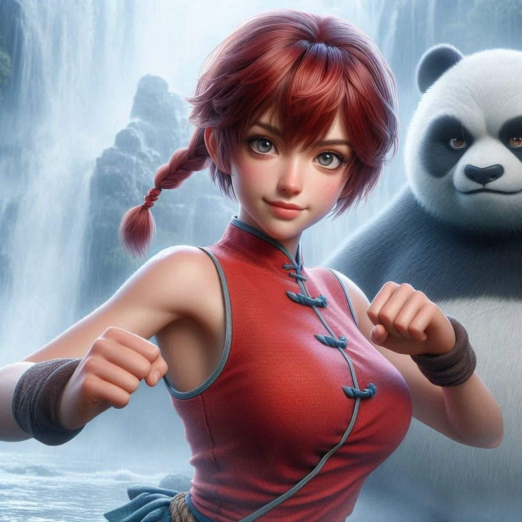 Potography hyper realistic of Ranma, a young female character with striking red short hair with a braided pigtail, has a beautiful body. She is dressed in kungfu attire: a sleeveless red shirt, navy pants, and slip-on shoes. Standing behind her is a large, serious panda. Both are captured in dynamic action poses with martial arts elements, set against a misty waterfall backdrop.
