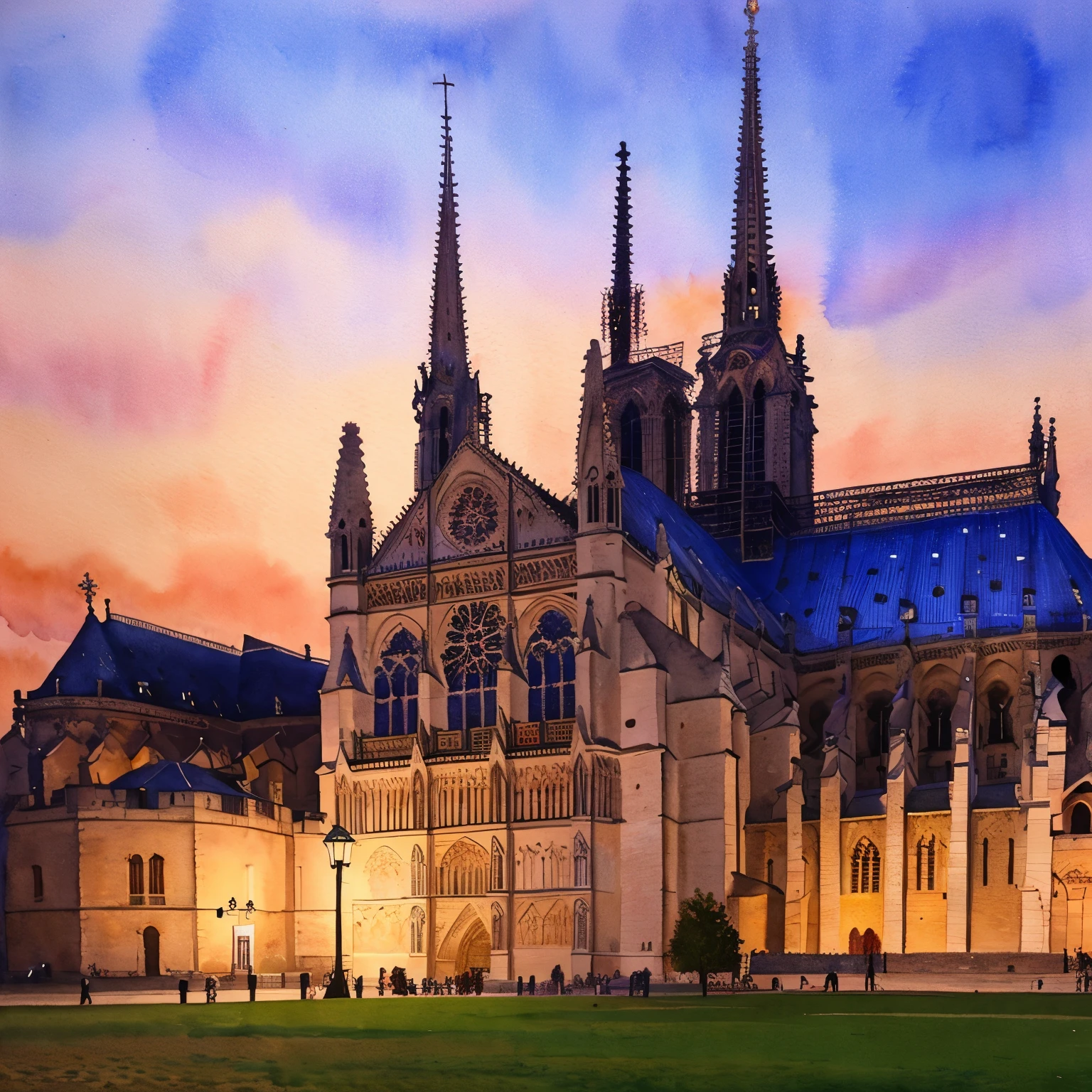 (masterpiece:1.2, Highest quality),(Very detailed),(((watercolor))),8k,wallpaper,Landscape of France,Notre Dame Cathedral,night,(((透明watercolor)))