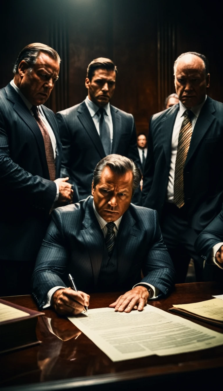 a group of lawyers standing ominously over a sitting man, demanding he sign documents, intimidated man, ominous atmosphere, dramatic lighting, moody color palette, sharp focus, cinematic composition, ultra detailed, realistic, photorealistic, masterpiece, award winning digital art